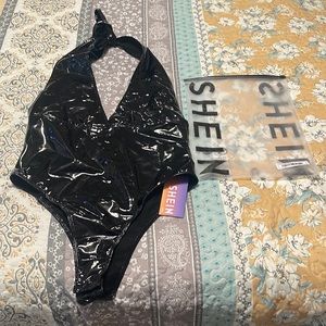 Backless deep V PU Leather bodysuit